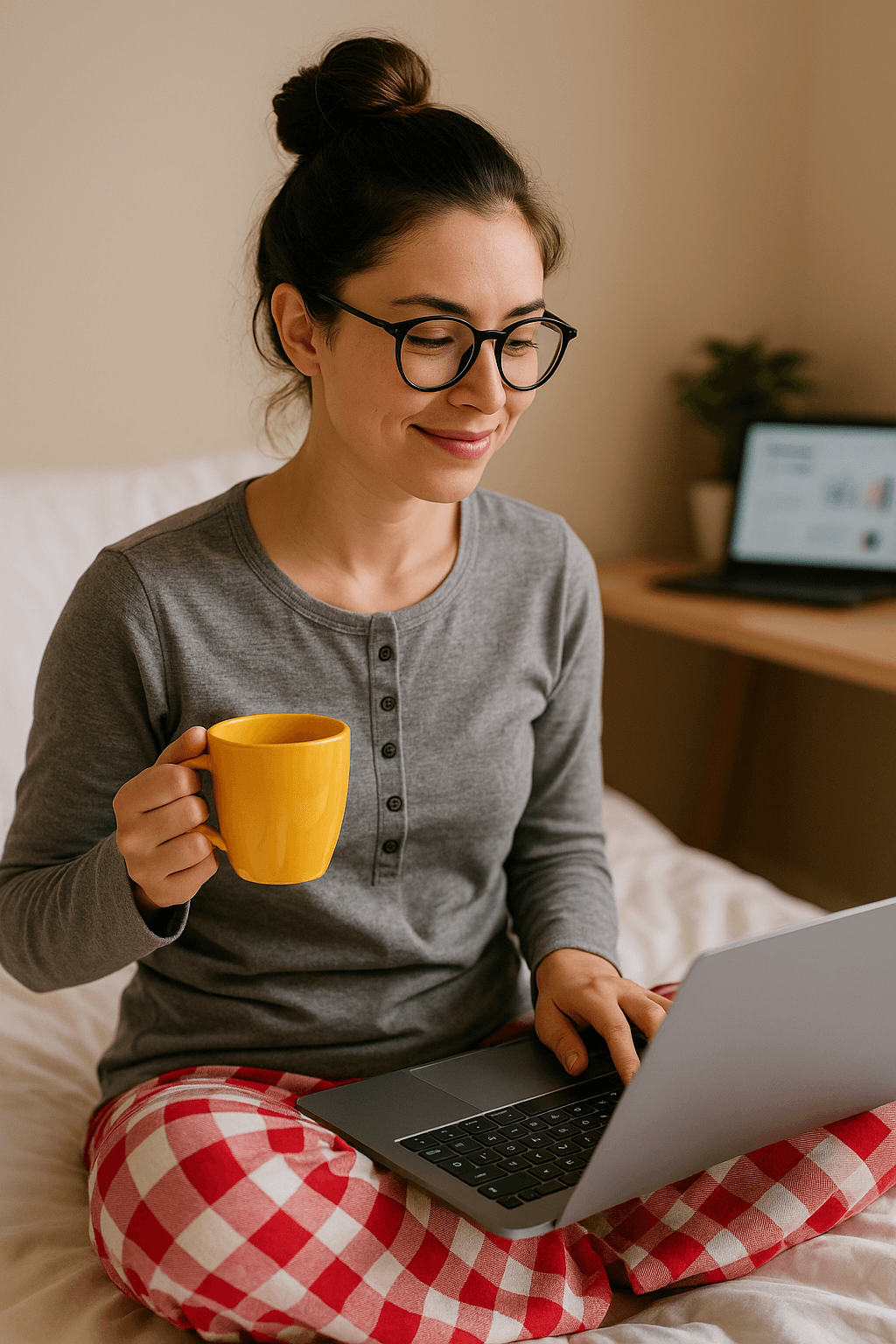 Étudiante travaillant en full remote sur son lit