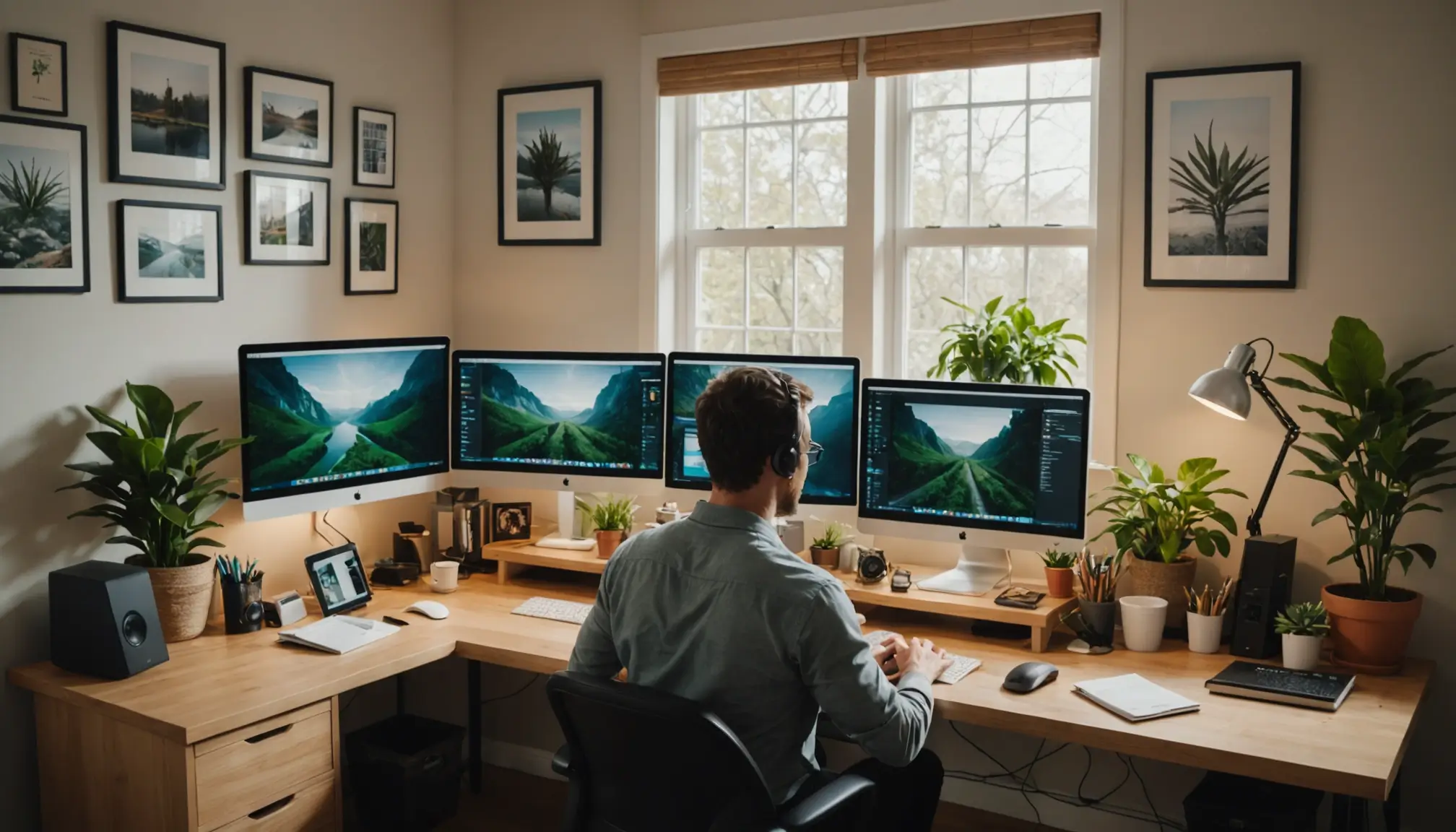 A remote worker working on a multi screen setup