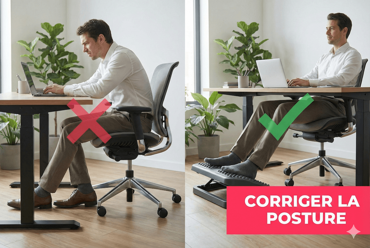 Posture de travail corrigée grâce au repose pieds